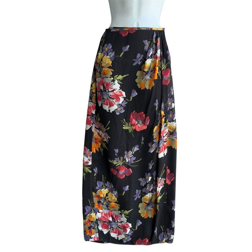 LINDA ALLARD ELLEN TRACY Floral Silk Peasant Wrap Long Skirt Women's 6 Black